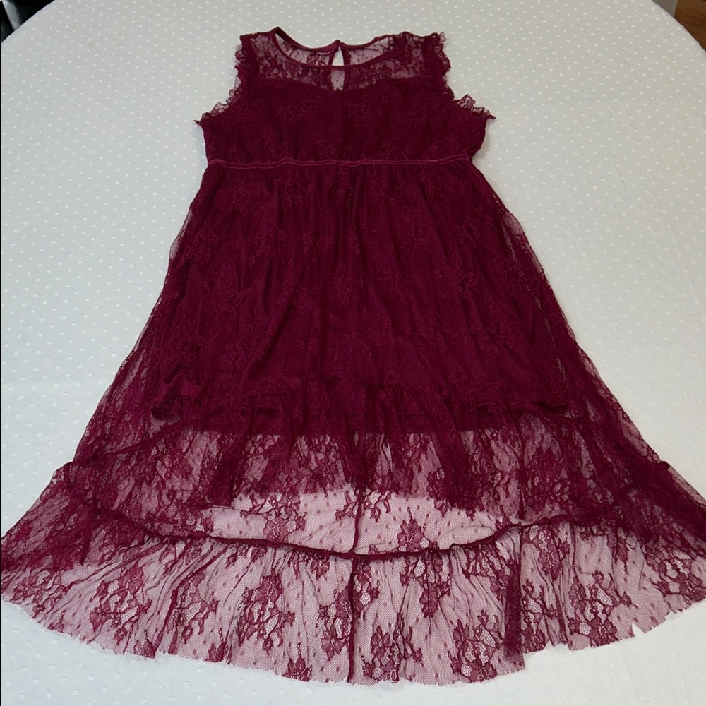 Eyeshadow Burgundy Lace High-Low Dress sheer velvet detail hems